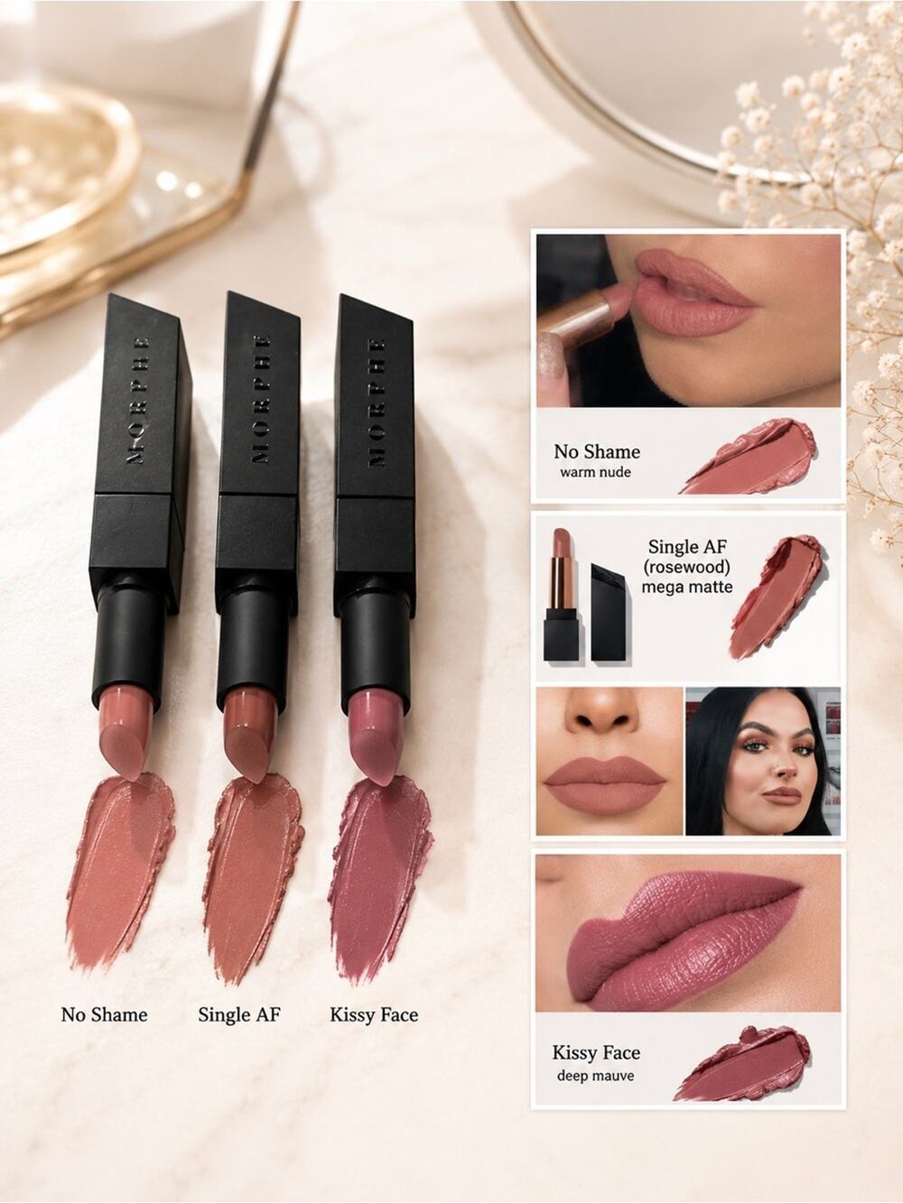3 bundle set Morphe Matte Lipstick no shame, single af, kissy face beauty gift